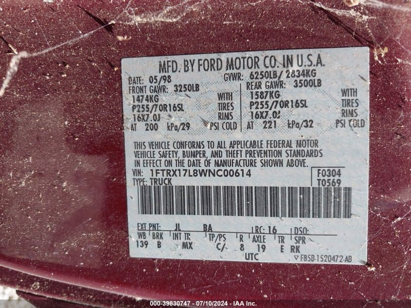 1998 Ford F-150 Lariat/Xl/Xlt VIN: 1FTRX17L8WNC00614 Lot: 39830747