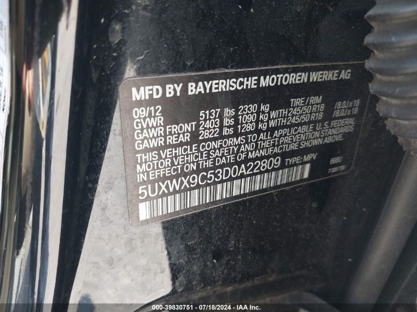 2013 BMW X3 xDrive28I VIN: 5UXWX9C53D0A22809 Lot: 39830751