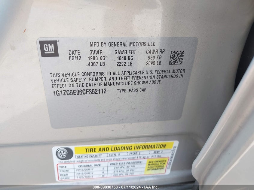 2012 Chevrolet Malibu 1Lt VIN: 1G1ZC5E06CF352112 Lot: 39830758