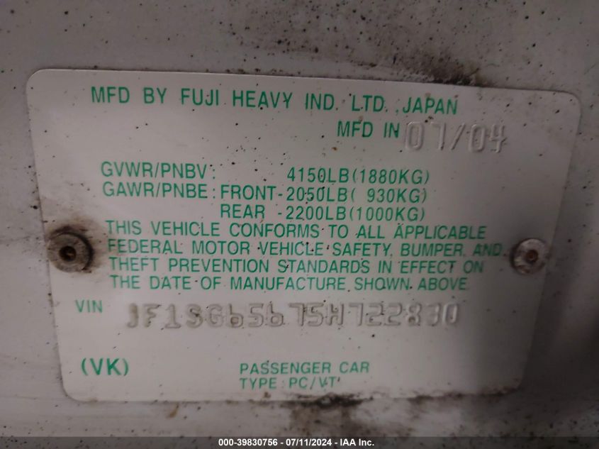 2005 Subaru Forester 2.5Xs VIN: JF1SG65675H722830 Lot: 39830756