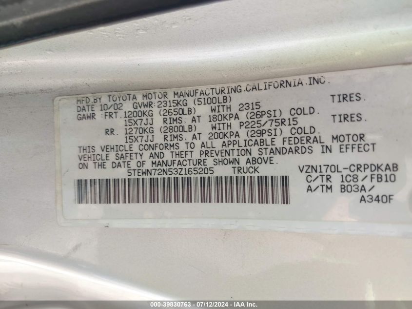 2003 Toyota Tacoma Base V6 VIN: 5TEWN72N53Z165205 Lot: 39830763