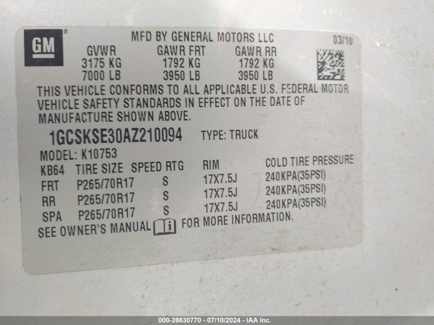 2010 Chevrolet Silverado 1500 Lt VIN: 1GCSKSE30AZ210094 Lot: 39830770