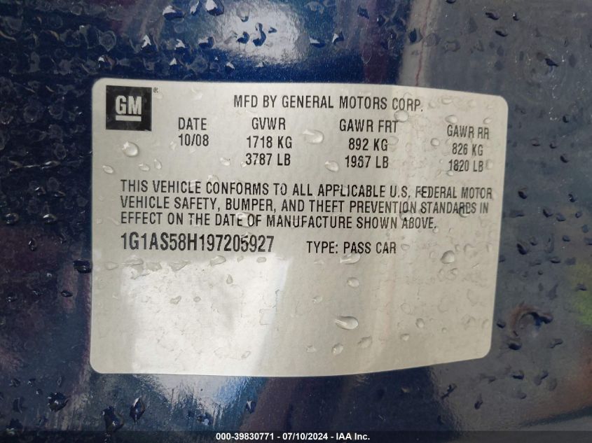 2009 Chevrolet Cobalt Ls VIN: 1G1AS58H197205927 Lot: 39830771