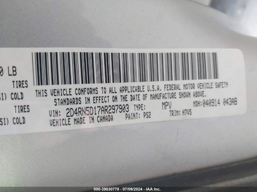 2010 Dodge Grand Caravan Sxt VIN: 2D4RN5D17AR297903 Lot: 39830778