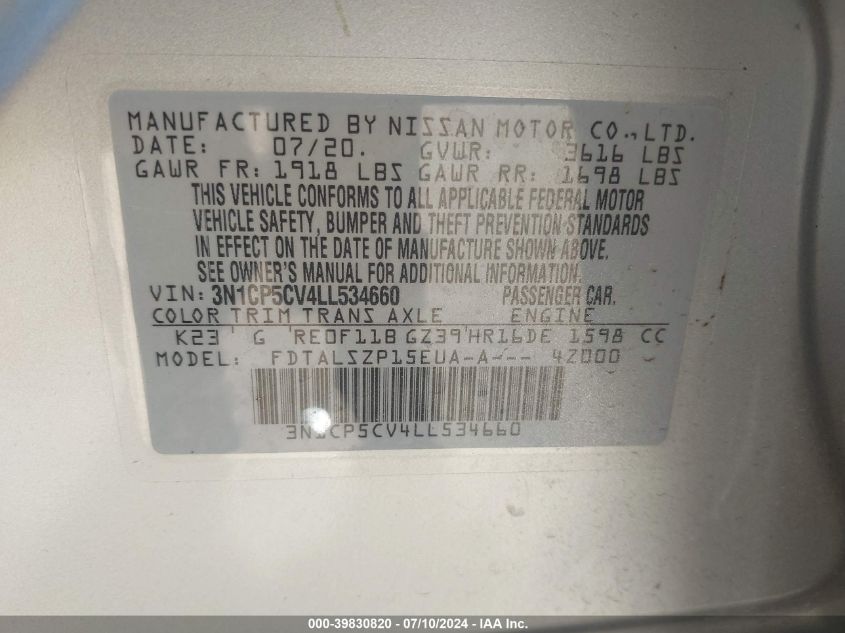 2020 Nissan Kicks Sv Xtronic Cvt VIN: 3N1CP5CV4LL534660 Lot: 39830820