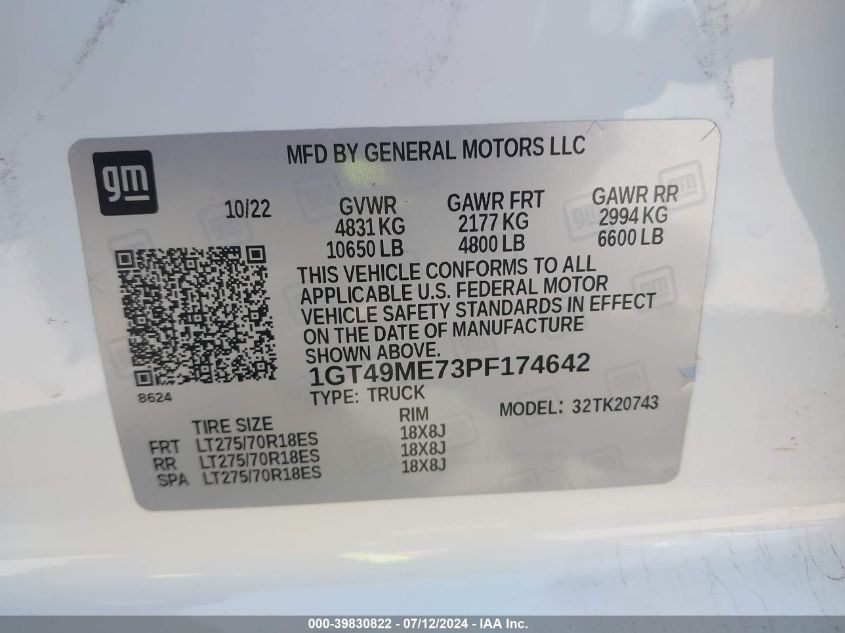 2023 GMC Sierra 2500Hd 4Wd Standard Bed Sle VIN: 1GT49ME73PF174642 Lot: 39830822