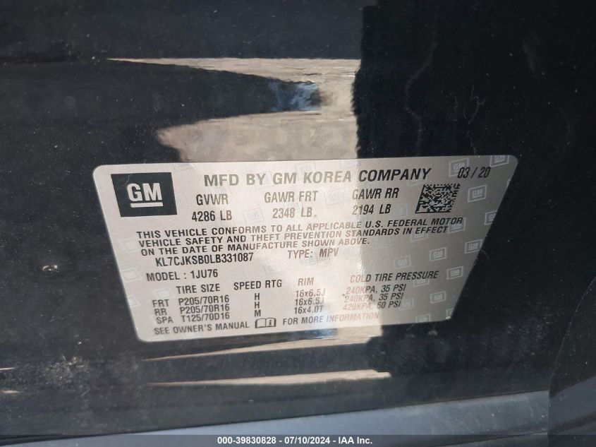 2020 Chevrolet Trax Fwd Ls VIN: KL7CJKSB0LB331087 Lot: 39830828