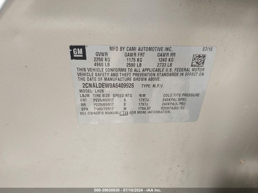 2010 Chevrolet Equinox Lt VIN: 2CNALDEW9A6409926 Lot: 39830830