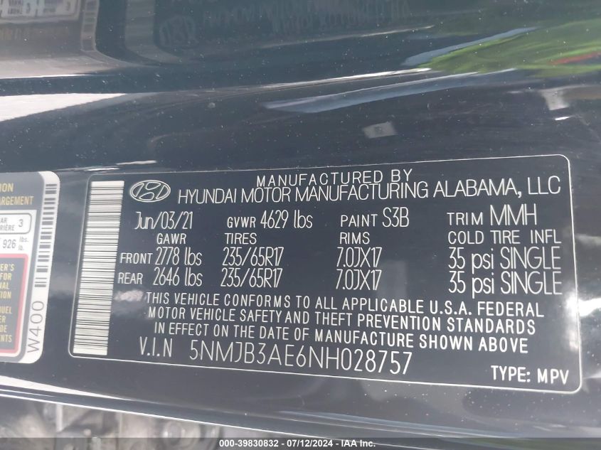 2022 Hyundai Tucson Sel VIN: 5NMJB3AE6NH028757 Lot: 39830832