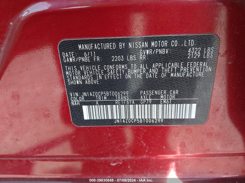 2011 Nissan Leaf Sl VIN: JN1AZ0CP5BT006299 Lot: 39830849