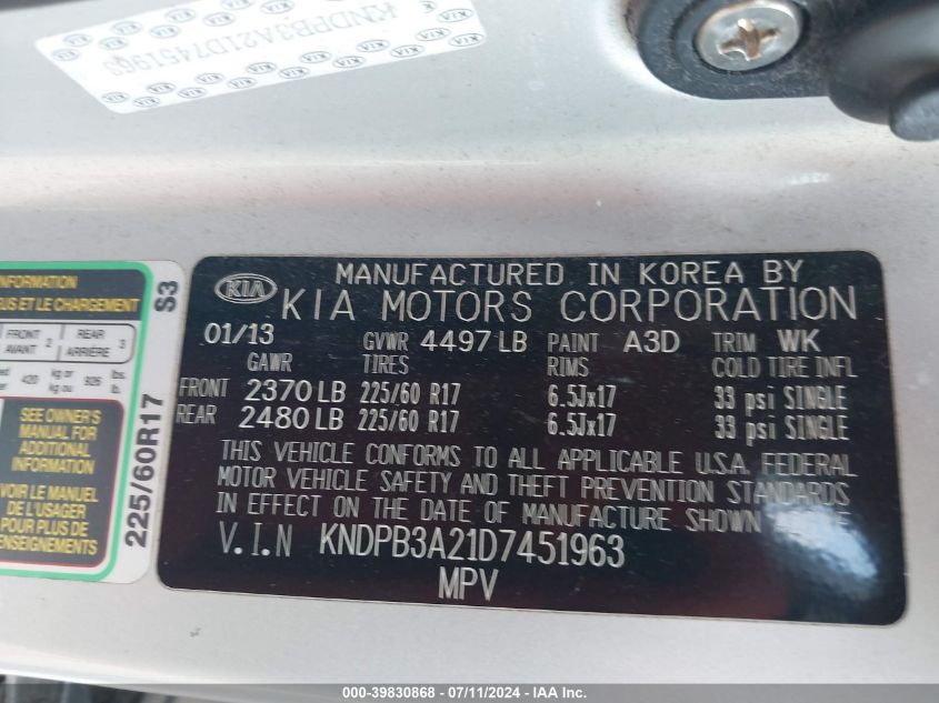 2013 Kia Sportage Lx VIN: KNDPB3A21D7451963 Lot: 39830868