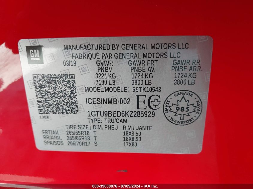 1GTU9BED6KZ285929 2019 GMC Sierra 1500 Sle