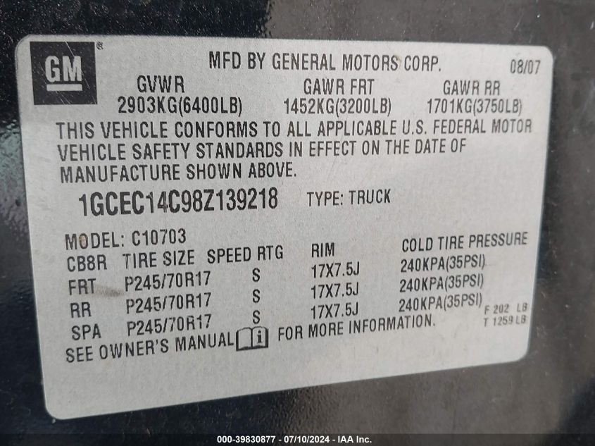 2008 Chevrolet Silverado 1500 Work Truck VIN: 1GCEC14C98Z139218 Lot: 39830877