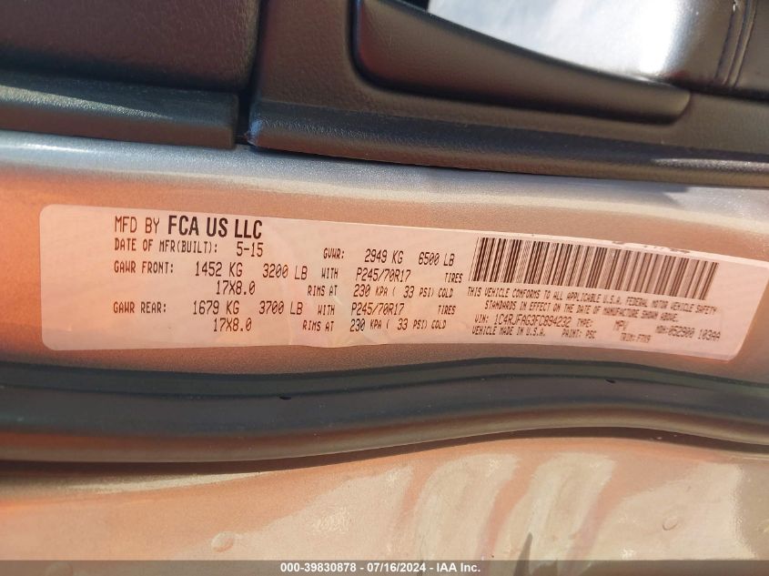 2015 Jeep Grand Cherokee Laredo VIN: 1C4RJFAG3FC894232 Lot: 39830878