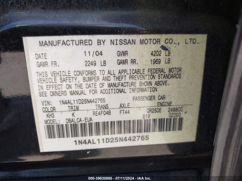 2005 Nissan Altima 2.5 S VIN: 1N4AL11D25N442765 Lot: 39830880