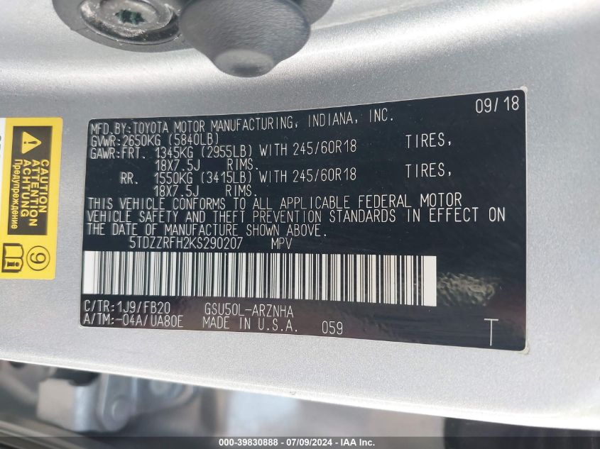 2019 Toyota Highlander Le/Le Plus VIN: 5TDZZRFH2KS290207 Lot: 39830888