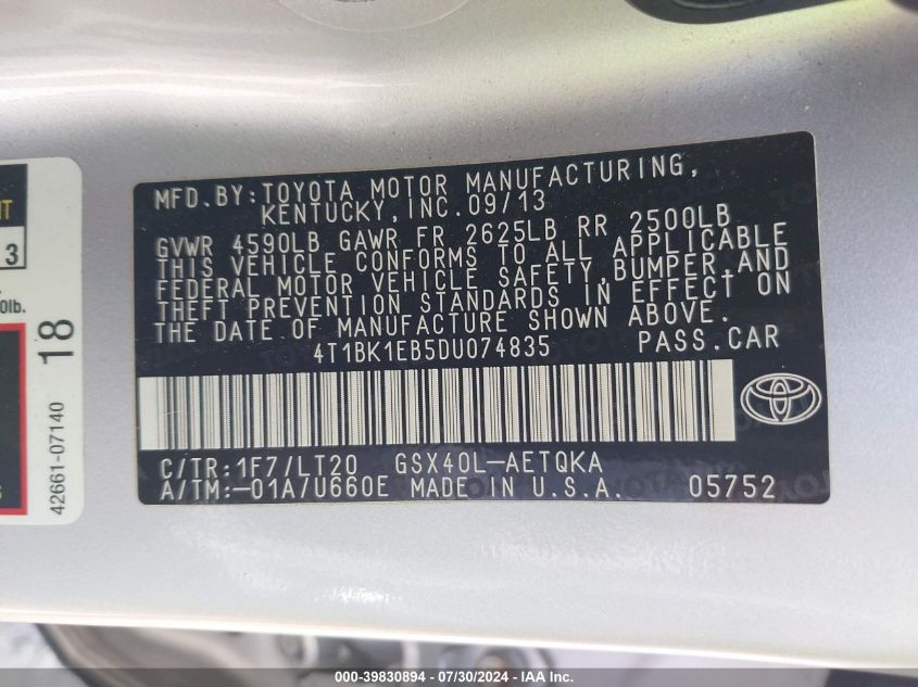 2013 Toyota Avalon Xle Touring VIN: 4T1BK1EB5DU074835 Lot: 39830894