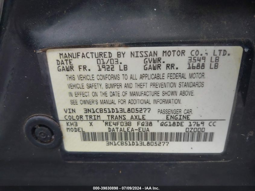 2003 Nissan Sentra Gxe VIN: 3N1CB51D13L805277 Lot: 39830898