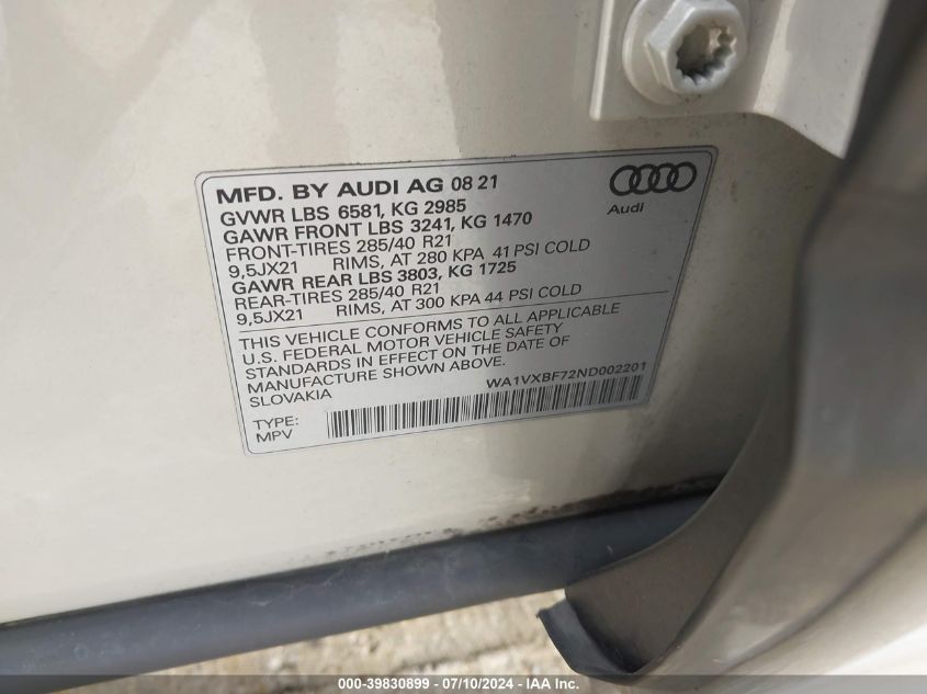 2022 Audi Q7 Prestige 55 Tfsi Quattro Tiptronic VIN: WA1VXBF72ND002201 Lot: 39830899