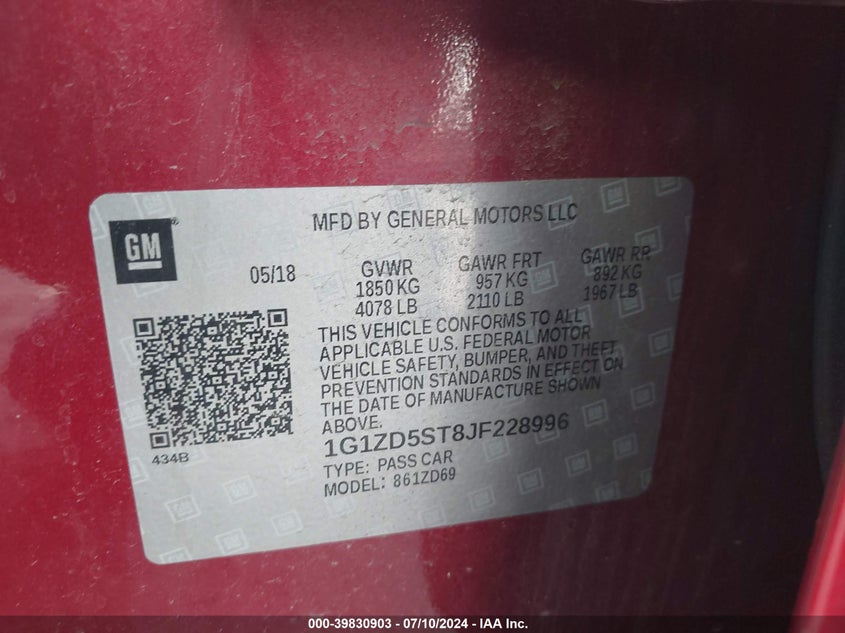 2018 Chevrolet Malibu Lt VIN: 1G1ZD5ST8JF228996 Lot: 39830903
