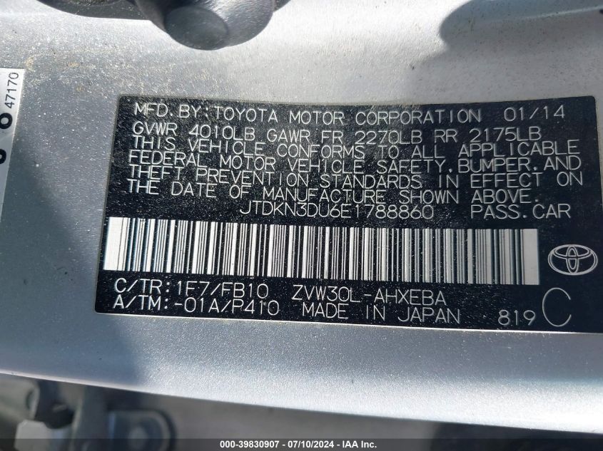 2014 Toyota Prius Three VIN: JTDKN3DU6E1788860 Lot: 39830907