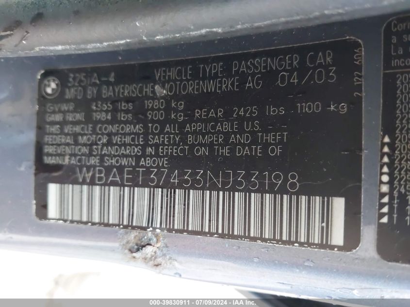 2003 BMW 325I I VIN: WBAET37433NJ33198 Lot: 39830911
