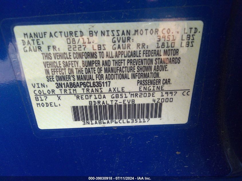 2012 Nissan Sentra 2.0 Sr VIN: 3N1AB6AP6CL635117 Lot: 39830918