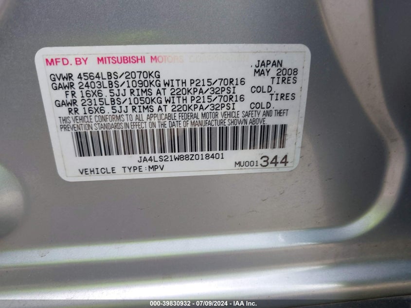 2008 Mitsubishi Outlander Es VIN: JA4LS21W88Z018401 Lot: 39830932