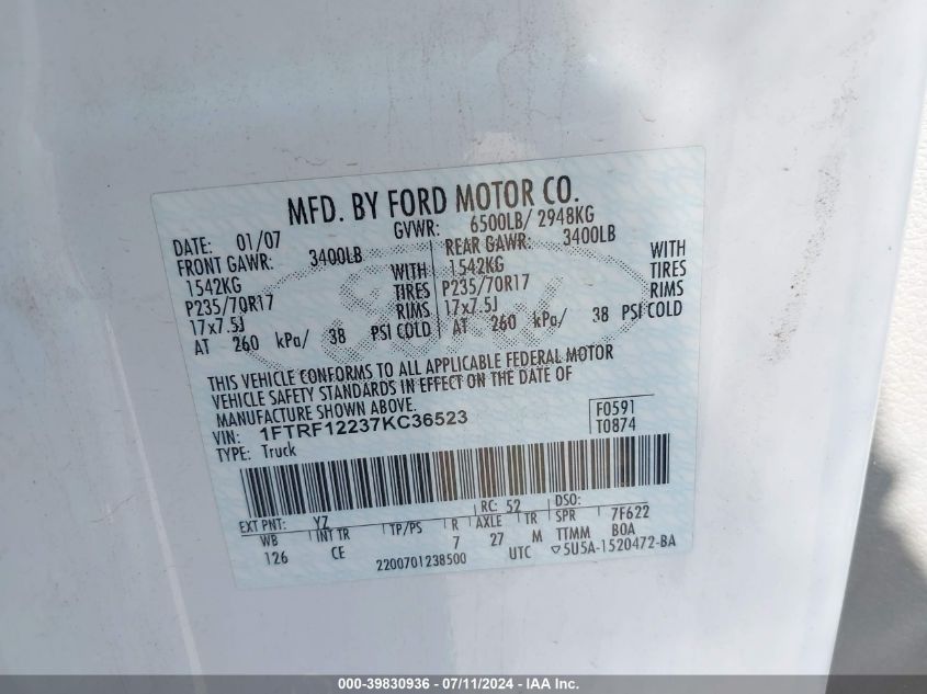 2007 Ford F-150 Stx/Xl/Xlt VIN: 1FTRF12237KC36523 Lot: 39830936