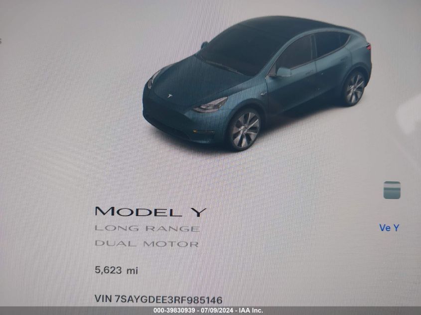 2024 Tesla Model Y Long Range Dual Motor All-Wheel Drive VIN: 7SAYGDEE3RF985146 Lot: 39830939