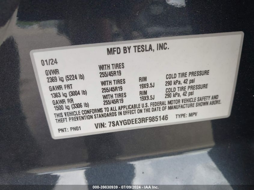 2024 Tesla Model Y Long Range Dual Motor All-Wheel Drive VIN: 7SAYGDEE3RF985146 Lot: 39830939