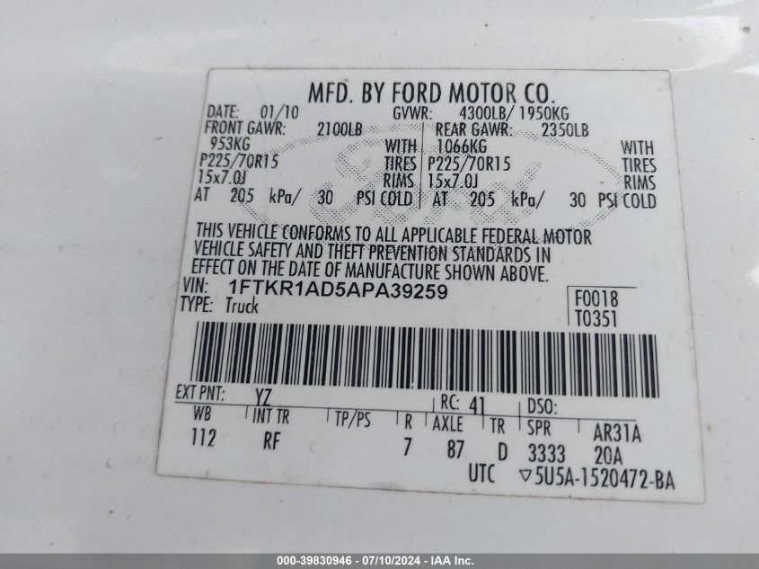 2010 Ford Ranger Xl/Xlt VIN: 1FTKR1AD5APA39259 Lot: 39830946