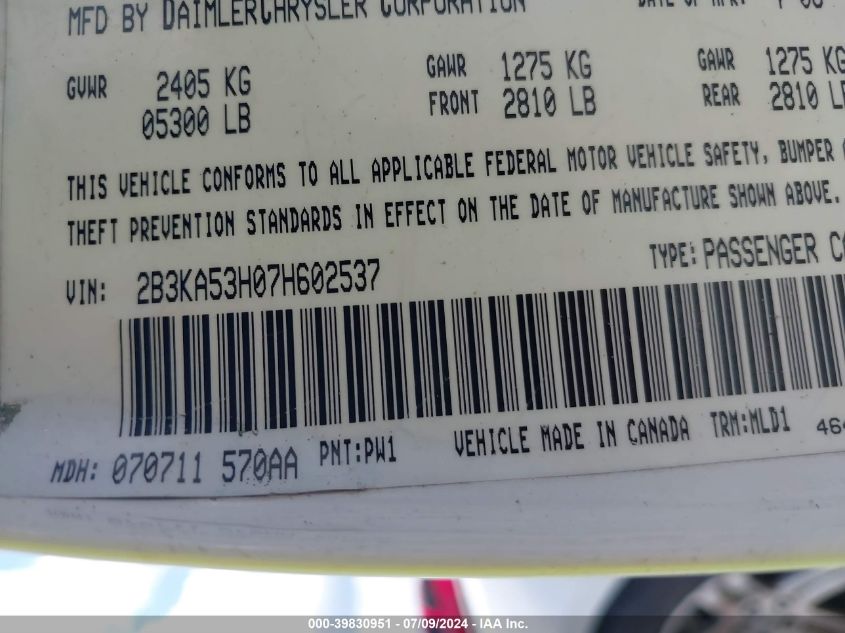 2007 Dodge Charger Rt VIN: 2B3KA53H07H602537 Lot: 39830951