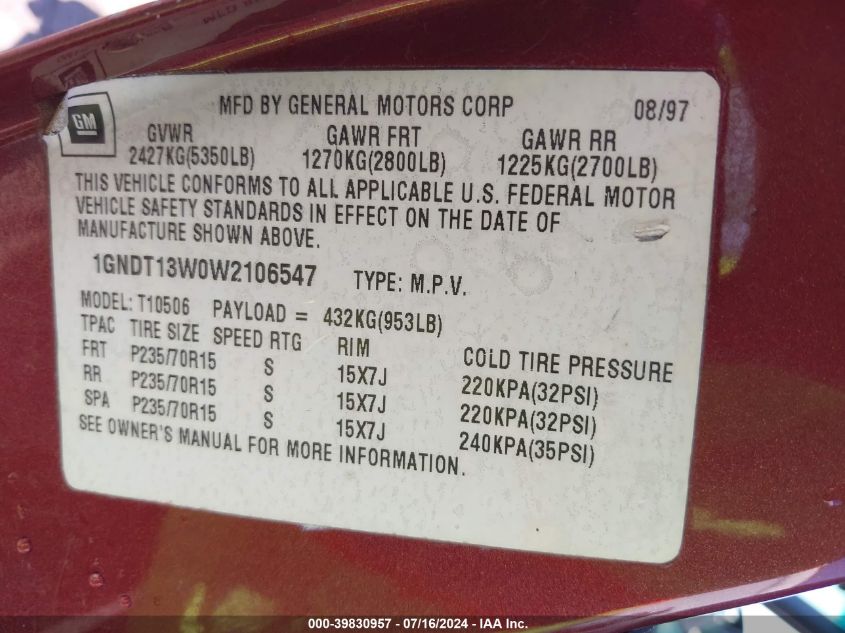 1998 Chevrolet Blazer Lt VIN: 1GNDT13W0W2106547 Lot: 39830957
