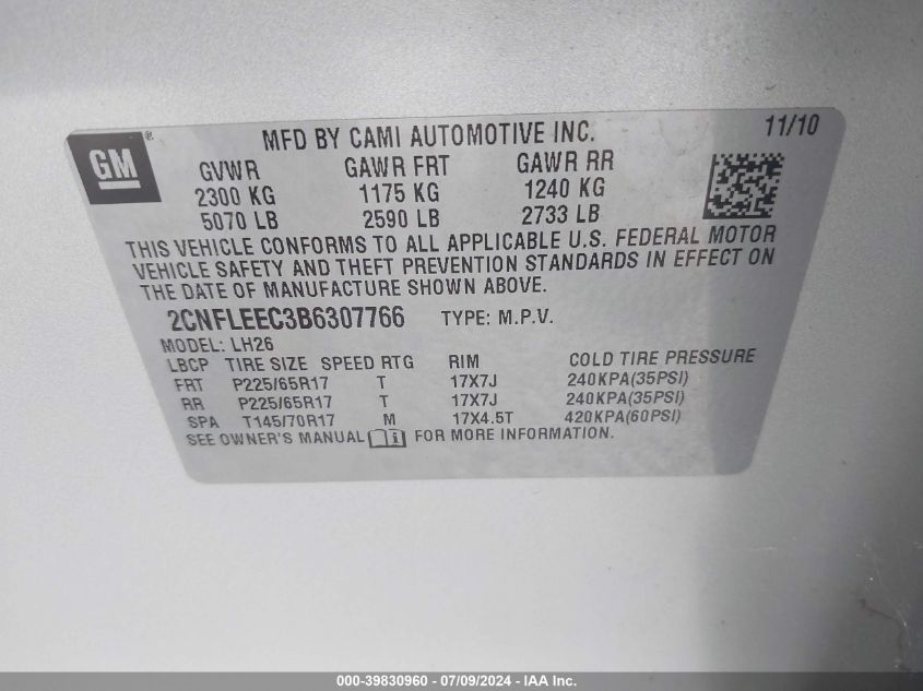 2CNFLEEC3B6307766 2011 Chevrolet Equinox Lt