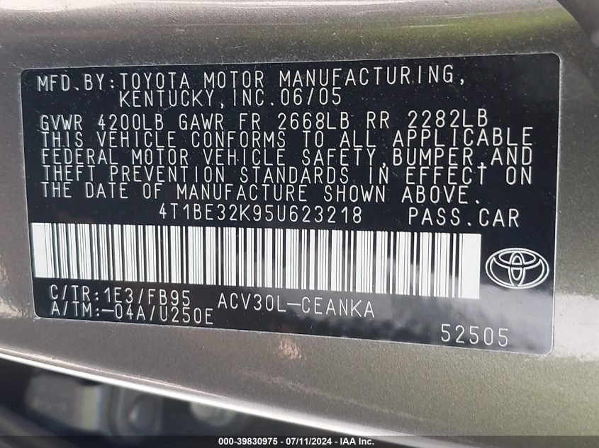 2005 Toyota Camry Le VIN: 4T1BE32K95U623218 Lot: 39830975