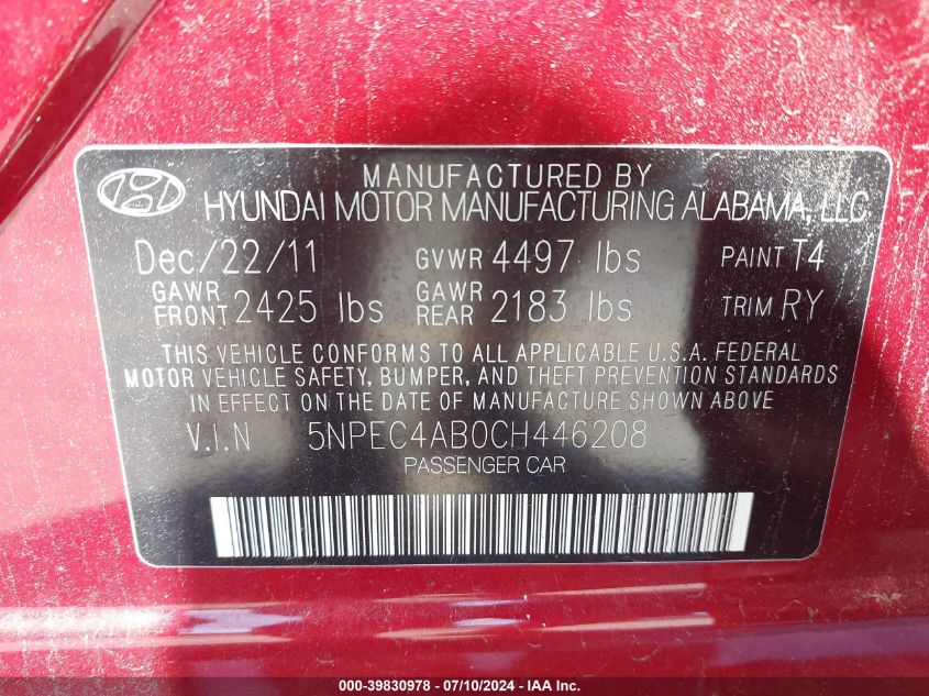 2012 Hyundai Sonata Se 2.0T VIN: 5NPEC4AB0CH446208 Lot: 39830978