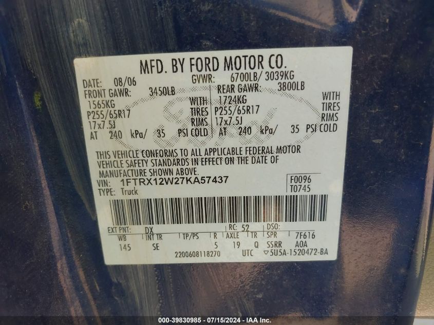 2007 Ford F-150 Stx/Xl/Xlt VIN: 1FTRX12W27KA57437 Lot: 39830985