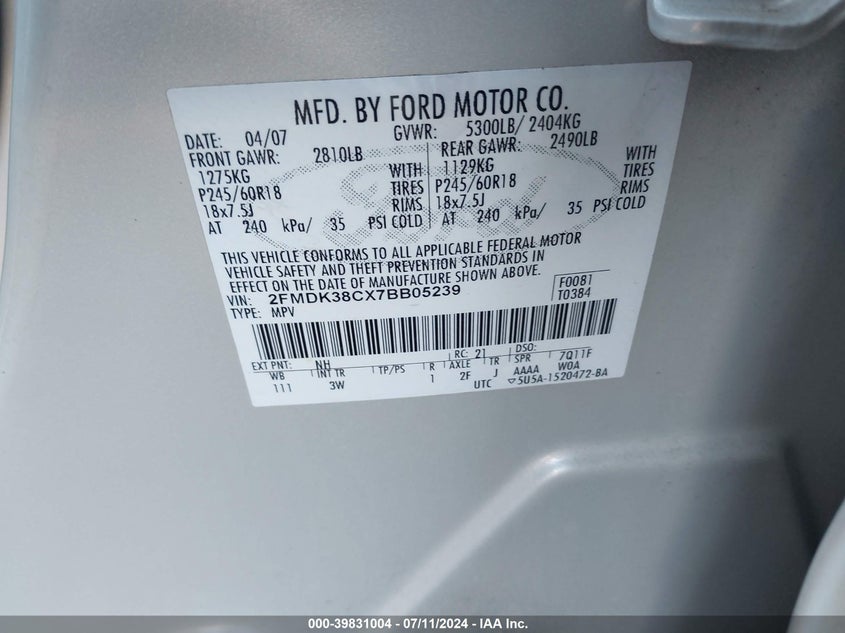 2007 Ford Edge Sel VIN: 2FMDK38CX7BB05239 Lot: 39831004