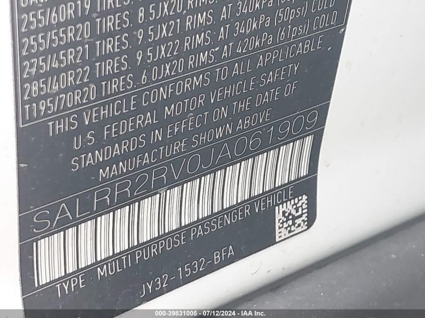 2018 Land Rover Discovery Hse VIN: SALRR2RV0JA061909 Lot: 39831005