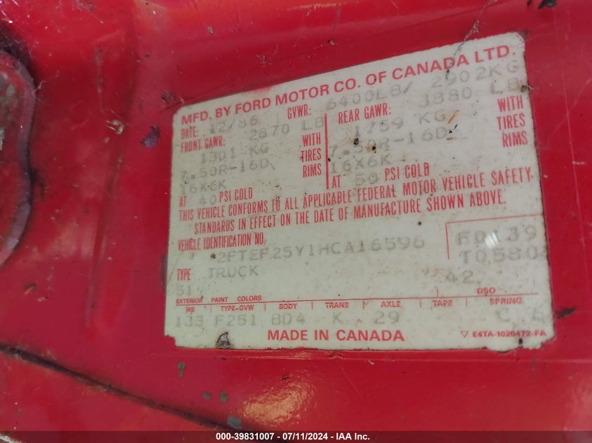 1987 Ford F250 VIN: 2FTEF25Y1HCA16596 Lot: 39831007