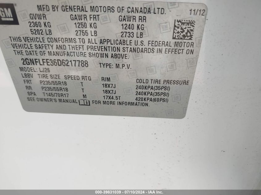 2GNFLFE36D6217788 2013 Chevrolet Equinox Ltz