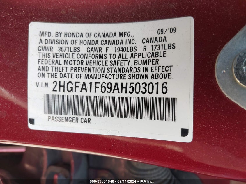 2010 Honda Civic Lx-S VIN: 2HGFA1F69AH503016 Lot: 39831046
