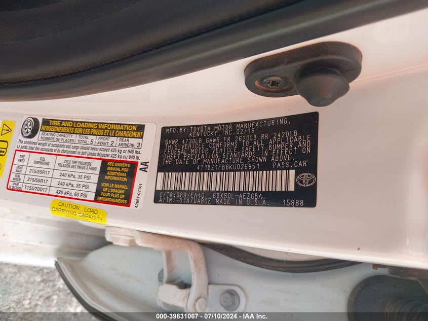 2019 TOYOTA AVALON XLE - 4T1BZ1FB6KU026851