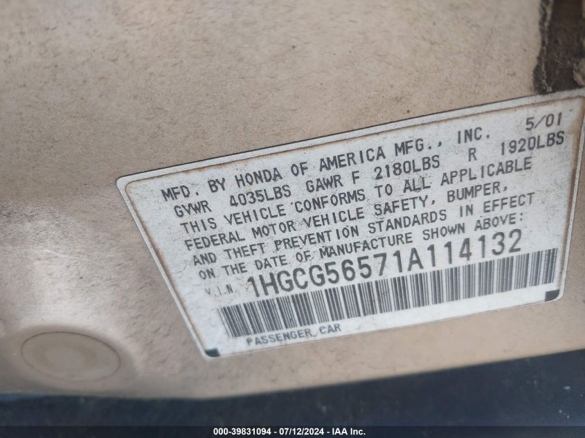 2001 Honda Accord Lx VIN: 1HGCG56571A114132 Lot: 39831094