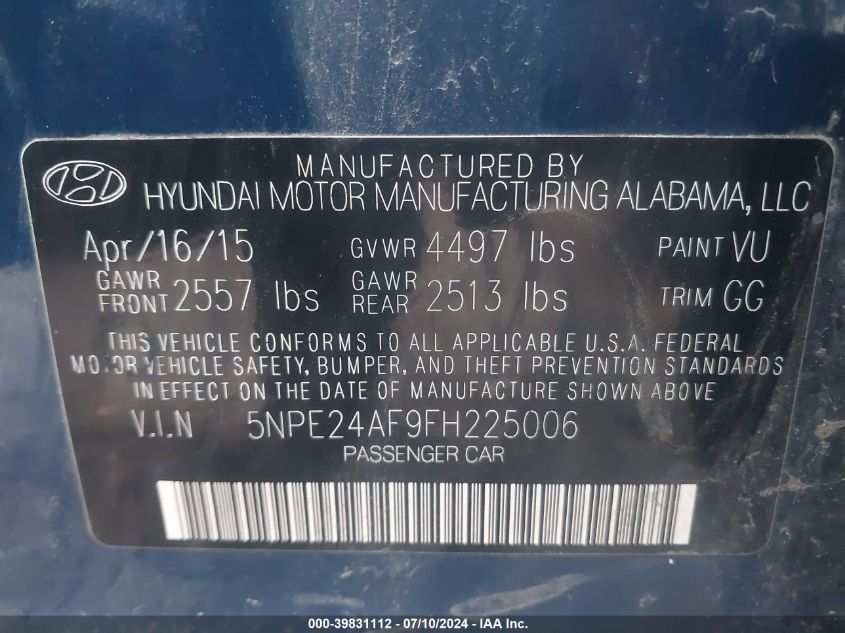 2015 HYUNDAI SONATA SE - 5NPE24AF9FH225006