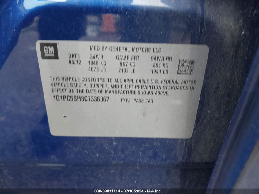 2012 Chevrolet Cruze Ls VIN: 1G1PC5SH8C7336067 Lot: 39831114