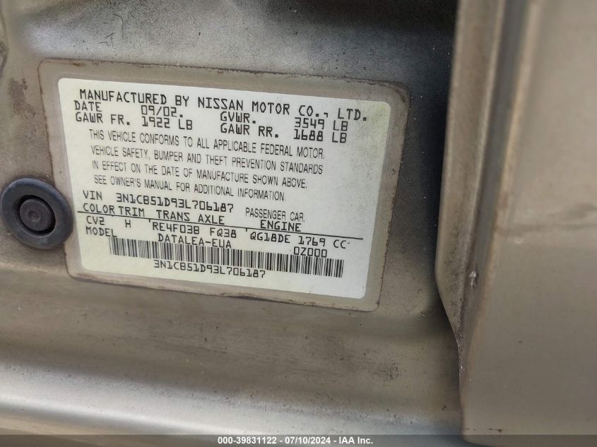 3N1CB51D93L706187 | 2003 NISSAN SENTRA