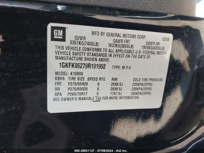 2009 GMC Yukon Xl 1500 Denali VIN: 1GKFK06279R191992 Lot: 39831127