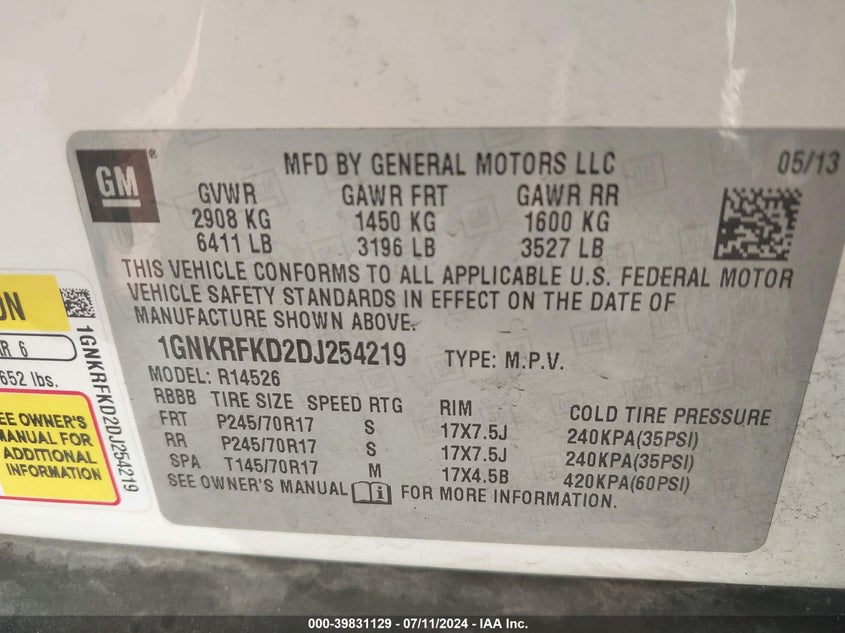 2013 Chevrolet Traverse Ls VIN: 1GNKRFKD2DJ254219 Lot: 39831129